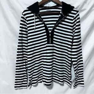 Olsen Hooded Black White Striped Top | French Chic | Minimal sz S/M